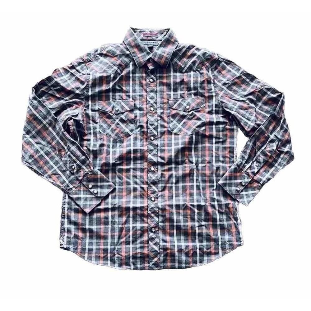 Banana Republic Button/Snap Down Shirt Mens L 16-16.5 Plaid Gray Orange